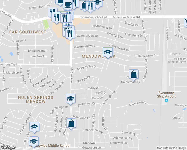 map of restaurants, bars, coffee shops, grocery stores, and more near 3300 Raleigh Drive in Fort Worth