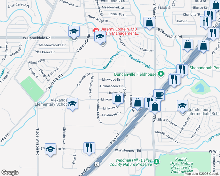 map of restaurants, bars, coffee shops, grocery stores, and more near 338 Linkmeadow Drive in Duncanville