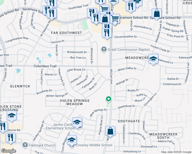 map of restaurants, bars, coffee shops, grocery stores, and more near 3613 Fairhaven Drive in Fort Worth