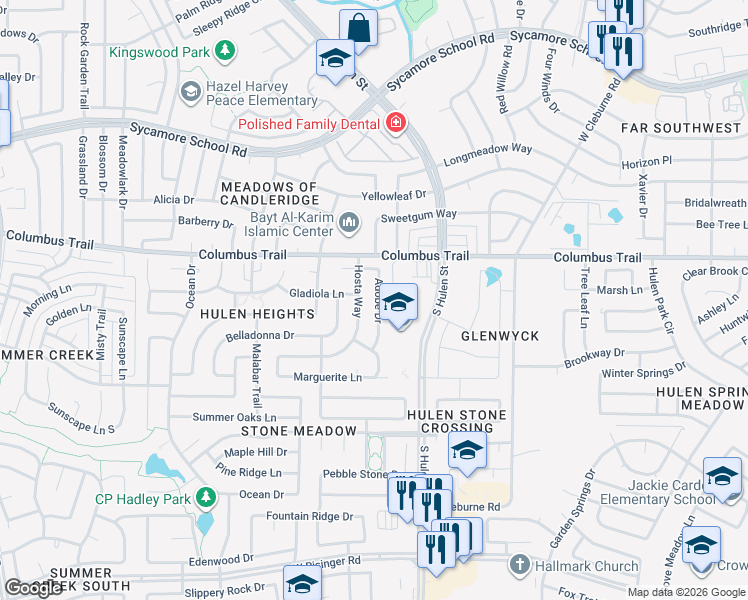 map of restaurants, bars, coffee shops, grocery stores, and more near 7928 Adobe Drive in Fort Worth