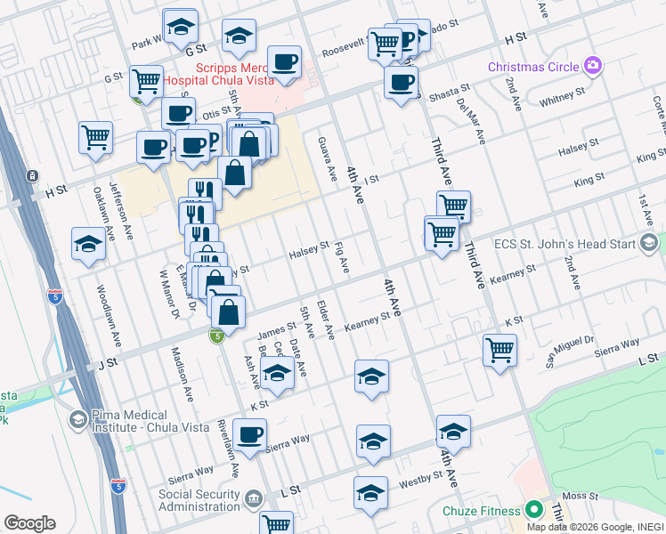 map of restaurants, bars, coffee shops, grocery stores, and more near 679 Brightwood Ave in Chula Vista
