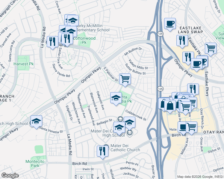 map of restaurants, bars, coffee shops, grocery stores, and more near 1886 Monaco Drive in Chula Vista