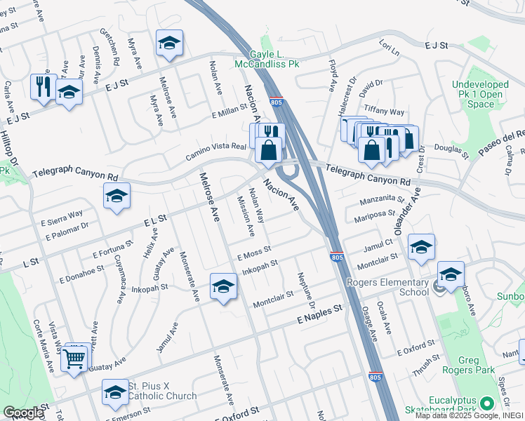 map of restaurants, bars, coffee shops, grocery stores, and more near 939 Nolan Way in Chula Vista