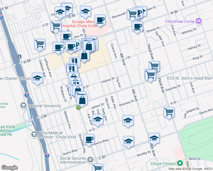 map of restaurants, bars, coffee shops, grocery stores, and more near 668 Elder Avenue in Chula Vista