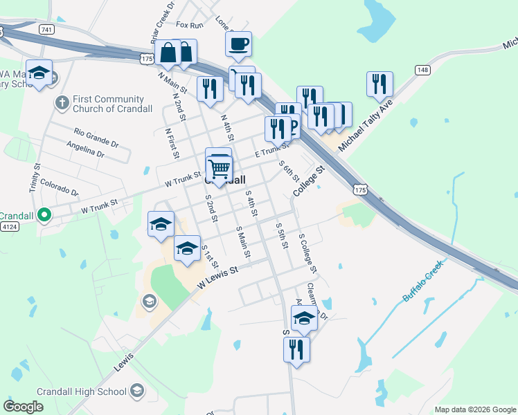 map of restaurants, bars, coffee shops, grocery stores, and more near 302 South 5th Street in Crandall