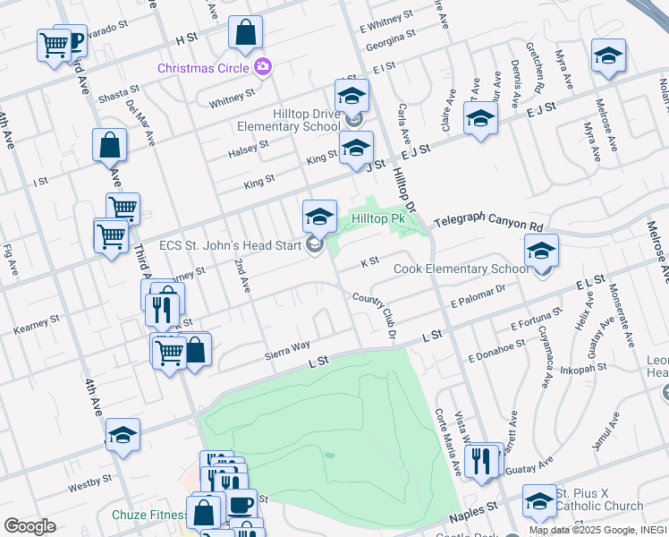 map of restaurants, bars, coffee shops, grocery stores, and more near 93 K Street in Chula Vista