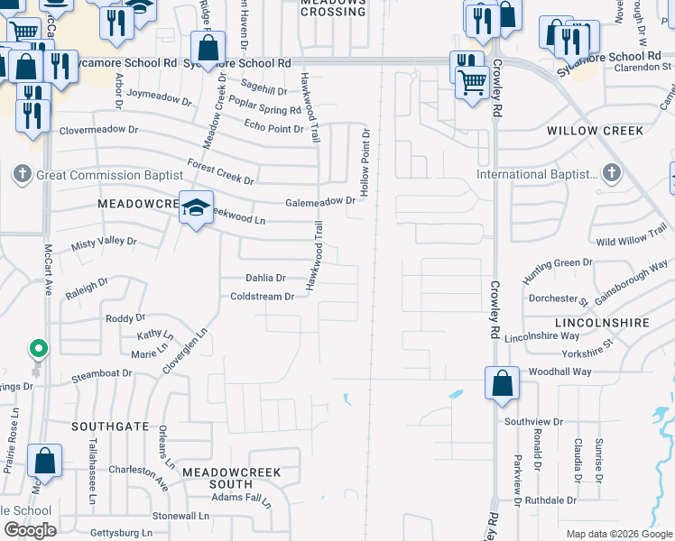 map of restaurants, bars, coffee shops, grocery stores, and more near 7957-7981 Hawkwood Trail in Fort Worth