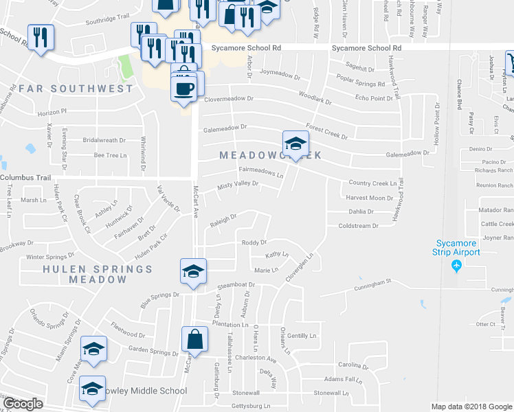 map of restaurants, bars, coffee shops, grocery stores, and more near 3300 Raleigh Drive in Fort Worth
