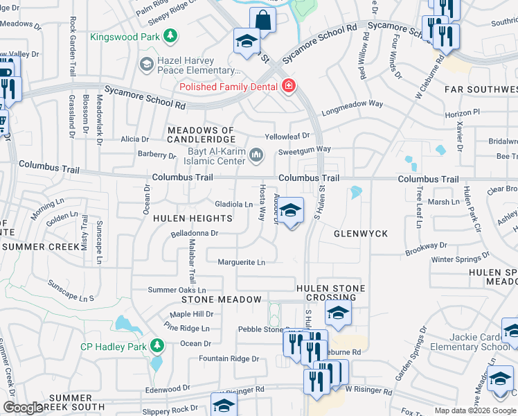 map of restaurants, bars, coffee shops, grocery stores, and more near 7951 Belladonna Drive in Fort Worth