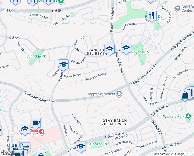 map of restaurants, bars, coffee shops, grocery stores, and more near 1042 Paseo La Cresta in Chula Vista