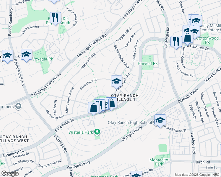 map of restaurants, bars, coffee shops, grocery stores, and more near 1450 Santa Lucia Road in Chula Vista