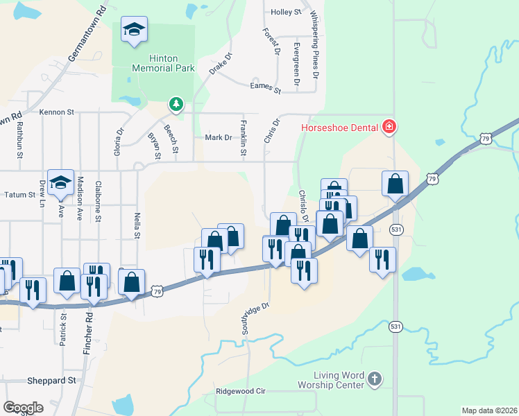 map of restaurants, bars, coffee shops, grocery stores, and more near 250 Chris Drive in Minden