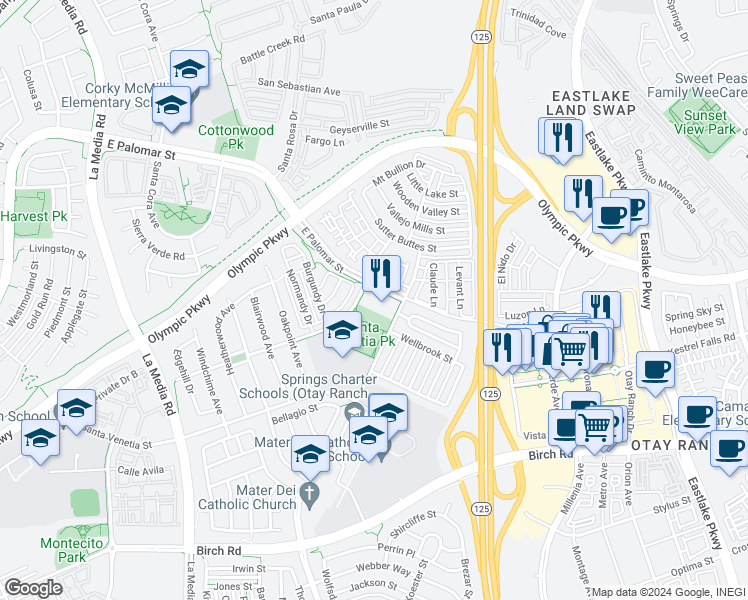 map of restaurants, bars, coffee shops, grocery stores, and more near 1904 East Palomar Street in Chula Vista