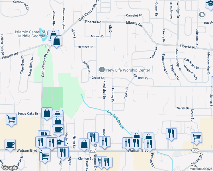 map of restaurants, bars, coffee shops, grocery stores, and more near 408 Knodishall Drive in Warner Robins