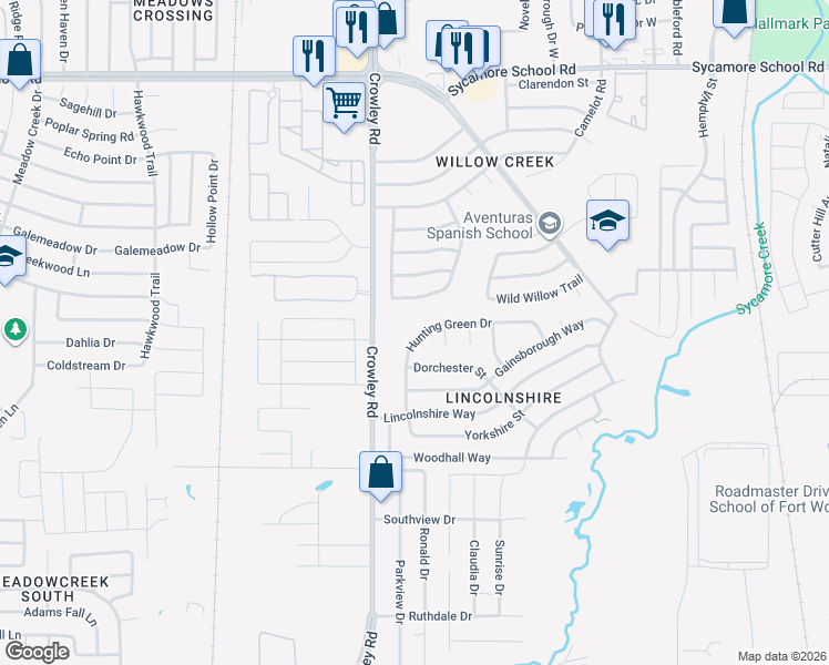 map of restaurants, bars, coffee shops, grocery stores, and more near 1728 Hunting Green Drive in Fort Worth