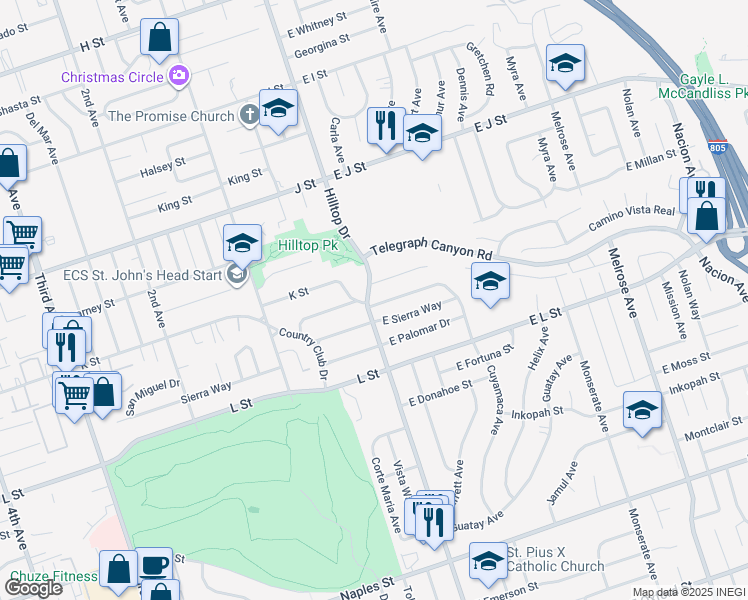 map of restaurants, bars, coffee shops, grocery stores, and more near 11 East San Miguel Drive in Chula Vista