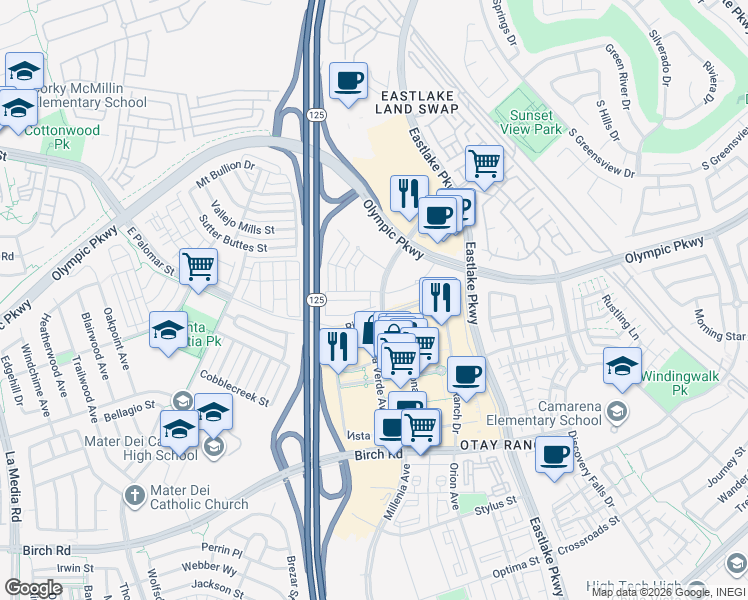 map of restaurants, bars, coffee shops, grocery stores, and more near 1455 Banahaw Way in Chula Vista