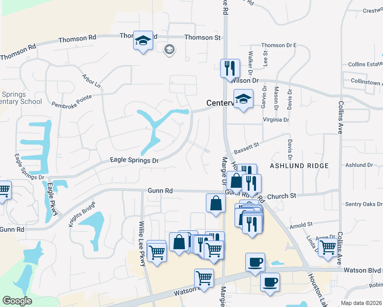 map of restaurants, bars, coffee shops, grocery stores, and more near 205 Carrington Lane in Centerville