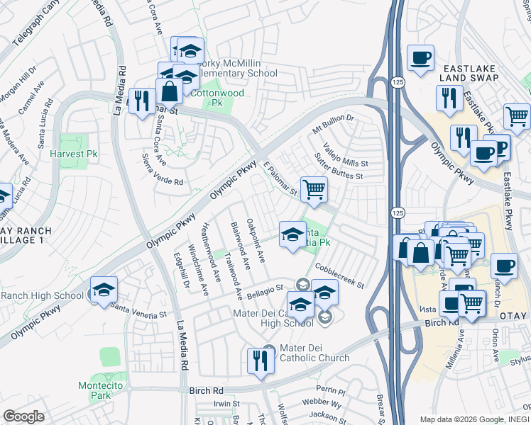 map of restaurants, bars, coffee shops, grocery stores, and more near 1434 Burgundy Drive in Chula Vista