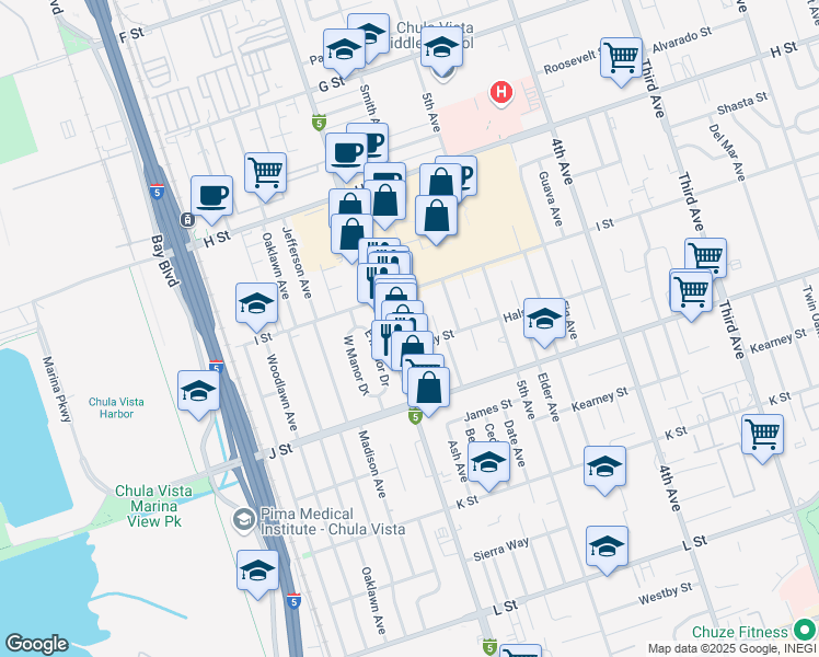 map of restaurants, bars, coffee shops, grocery stores, and more near 634 Ash Avenue in Chula Vista
