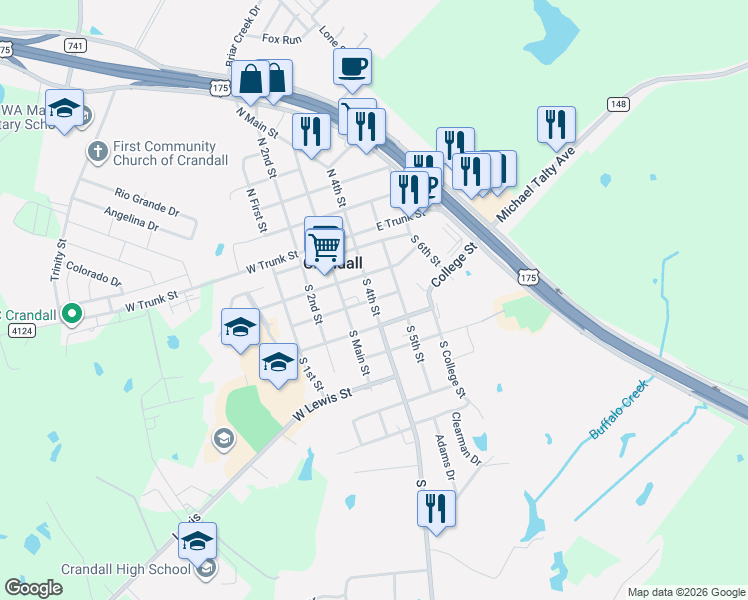map of restaurants, bars, coffee shops, grocery stores, and more near 102 West Vanston Street in Crandall