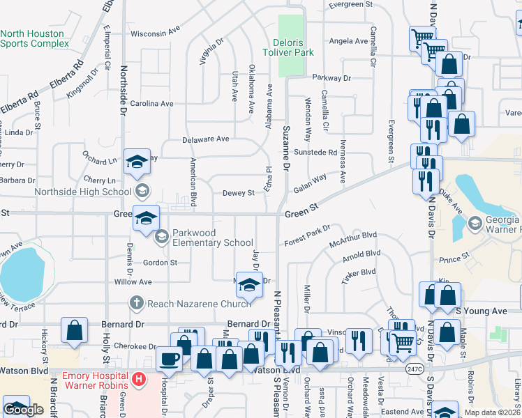 map of restaurants, bars, coffee shops, grocery stores, and more near 700 Green Street in Warner Robins