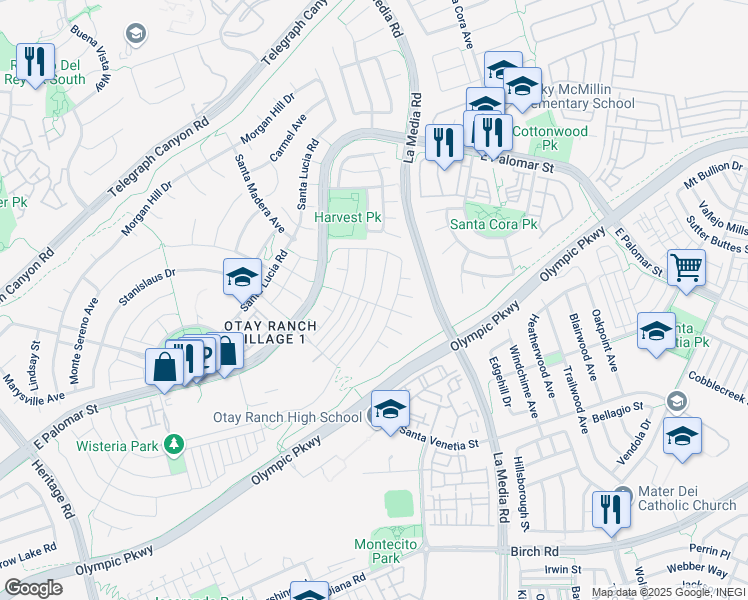 map of restaurants, bars, coffee shops, grocery stores, and more near 1601 Piedmont Street in Chula Vista