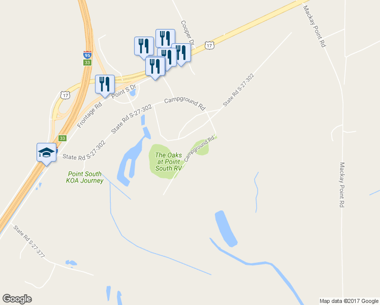 map of restaurants, bars, coffee shops, grocery stores, and more near Campground Rd in Yemassee