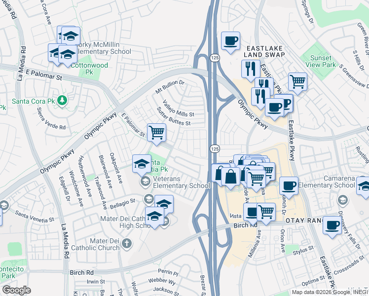 map of restaurants, bars, coffee shops, grocery stores, and more near 1893 Caminito Treviana in Chula Vista