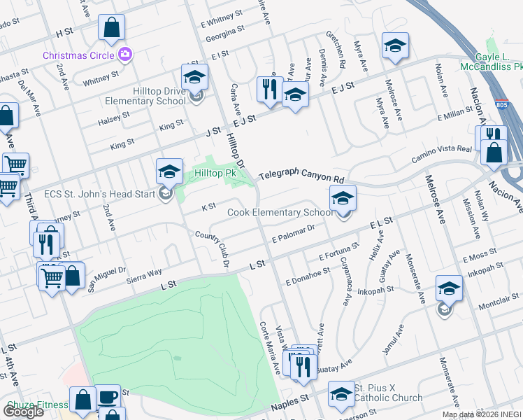 map of restaurants, bars, coffee shops, grocery stores, and more near 11 East San Miguel Drive in Chula Vista