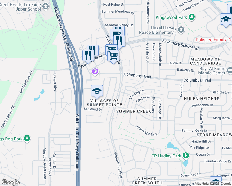 map of restaurants, bars, coffee shops, grocery stores, and more near 8005 Branch Hollow Trail in Fort Worth