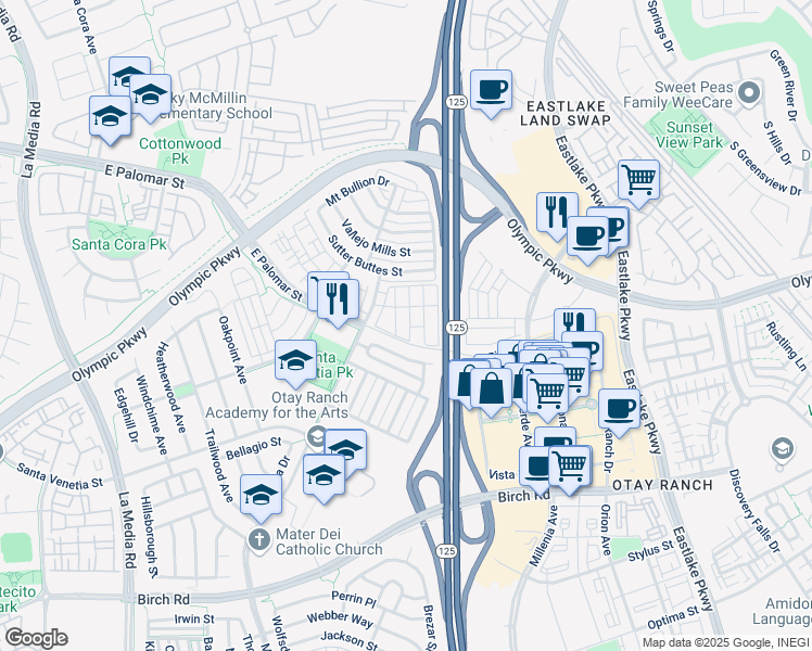 map of restaurants, bars, coffee shops, grocery stores, and more near 1458 Trouville Lane in Chula Vista