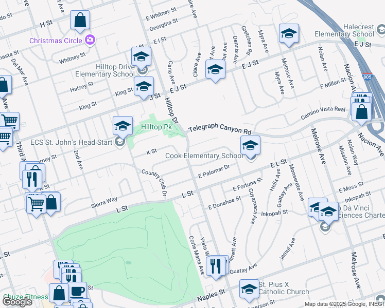 map of restaurants, bars, coffee shops, grocery stores, and more near 11 East San Miguel Drive in Chula Vista