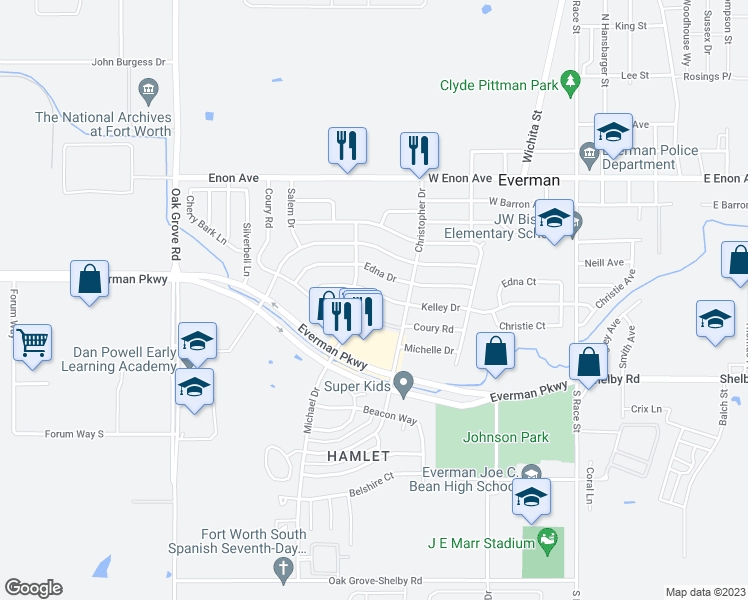map of restaurants, bars, coffee shops, grocery stores, and more near 921 Kelley Drive in Everman
