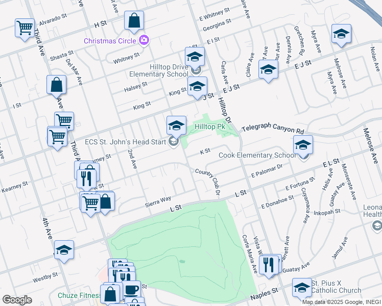 map of restaurants, bars, coffee shops, grocery stores, and more near 93 K Street in Chula Vista