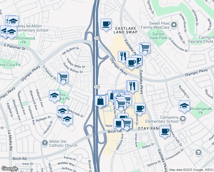map of restaurants, bars, coffee shops, grocery stores, and more near 2035 Mindoro Lane in Chula Vista