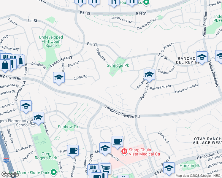 map of restaurants, bars, coffee shops, grocery stores, and more near 1065 Sage View in Chula Vista
