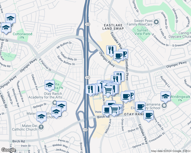 map of restaurants, bars, coffee shops, grocery stores, and more near 2035 Mindoro Lane in Chula Vista