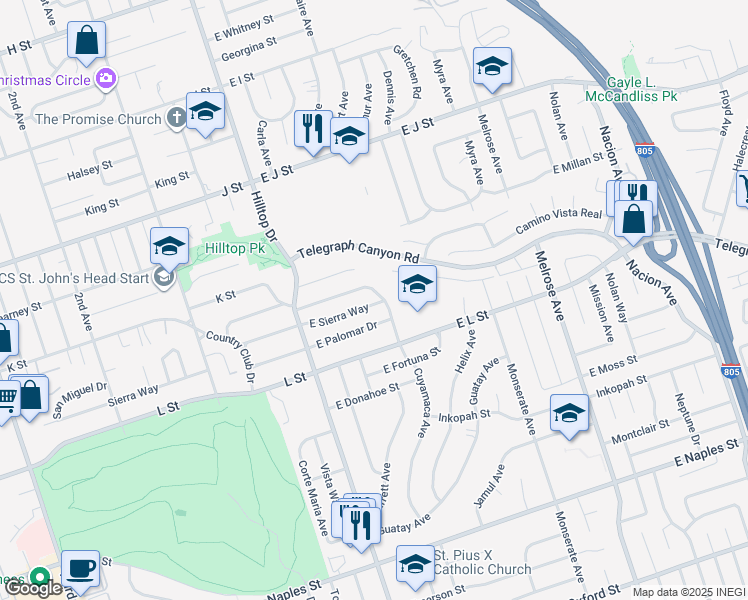 map of restaurants, bars, coffee shops, grocery stores, and more near 81 East Sierra Way in Chula Vista