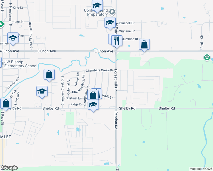 map of restaurants, bars, coffee shops, grocery stores, and more near 409 Deer Creek Road in Fort Worth