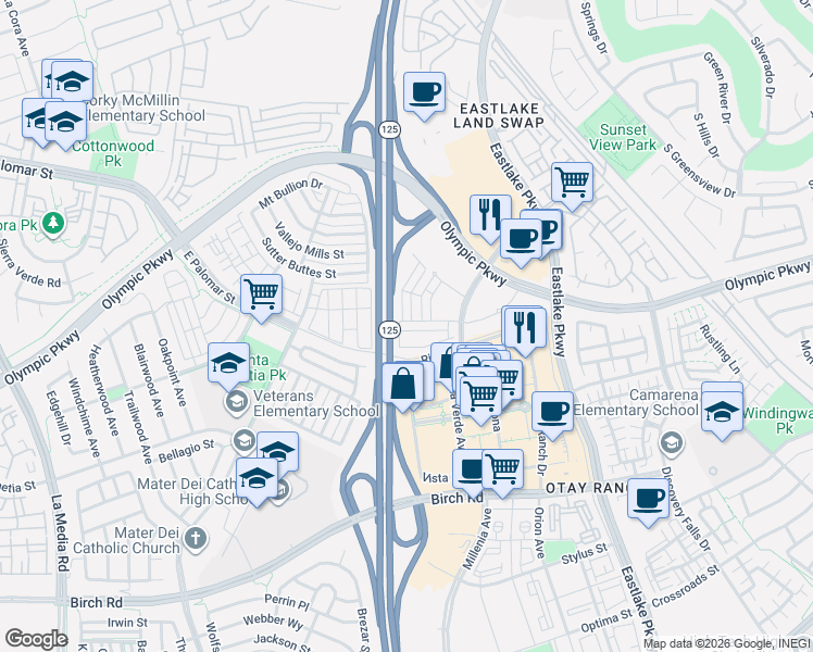 map of restaurants, bars, coffee shops, grocery stores, and more near 2040 Mindoro Lane in Chula Vista