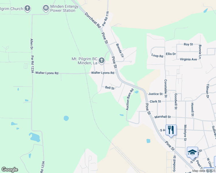 map of restaurants, bars, coffee shops, grocery stores, and more near 219 Bell Street in Minden