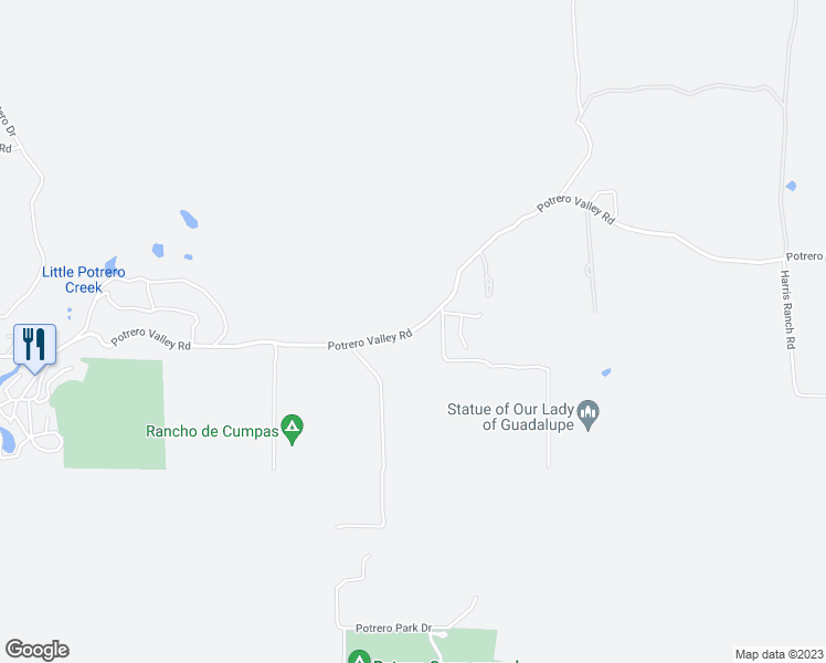 map of restaurants, bars, coffee shops, grocery stores, and more near Potrero Valley Road in San Diego County