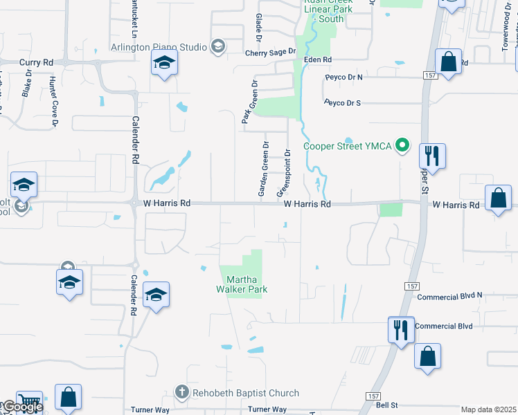 map of restaurants, bars, coffee shops, grocery stores, and more near 2204 West Harris Road in Arlington