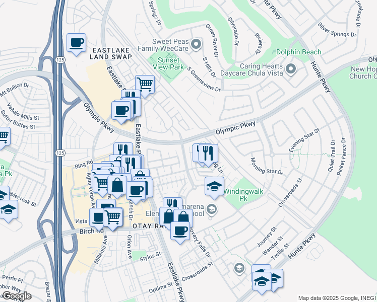 map of restaurants, bars, coffee shops, grocery stores, and more near 1550 Dusk Sky Lane in Chula Vista
