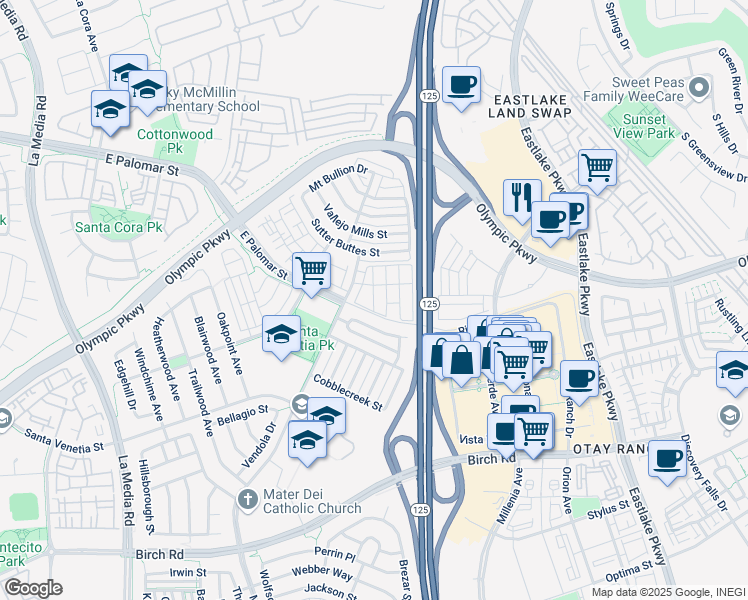 map of restaurants, bars, coffee shops, grocery stores, and more near 1476 Trouville Lane in Chula Vista