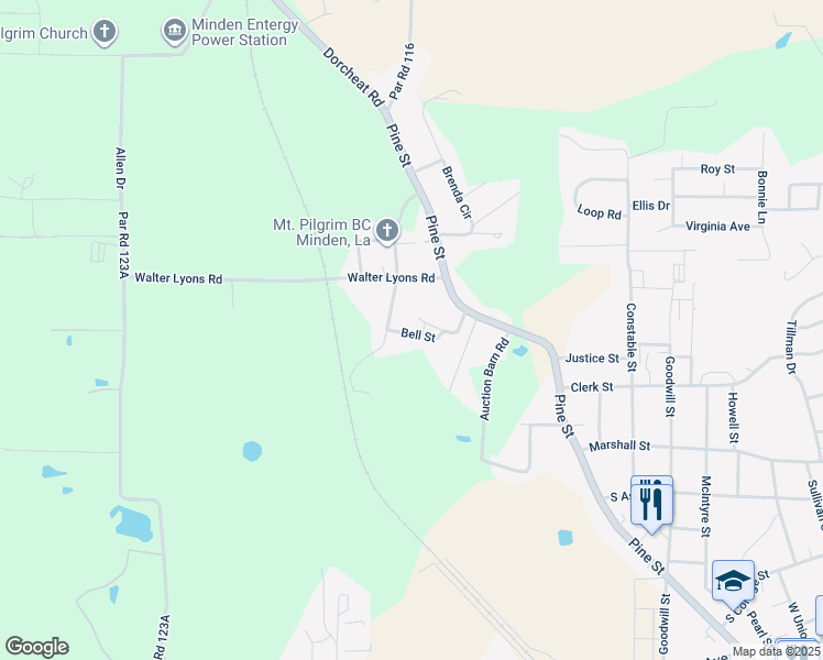 map of restaurants, bars, coffee shops, grocery stores, and more near 219 Bell Street in Minden