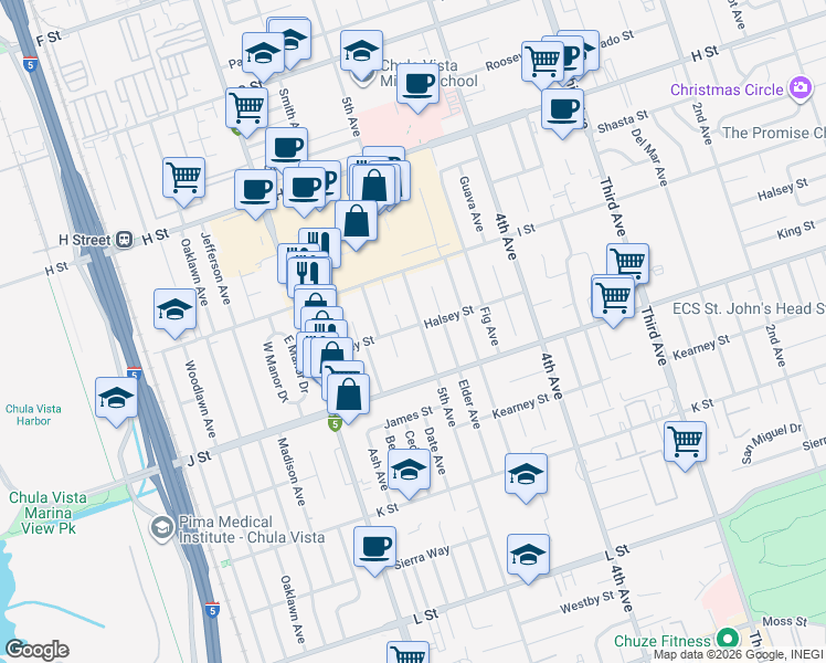 map of restaurants, bars, coffee shops, grocery stores, and more near 512 Halsey Street in Chula Vista
