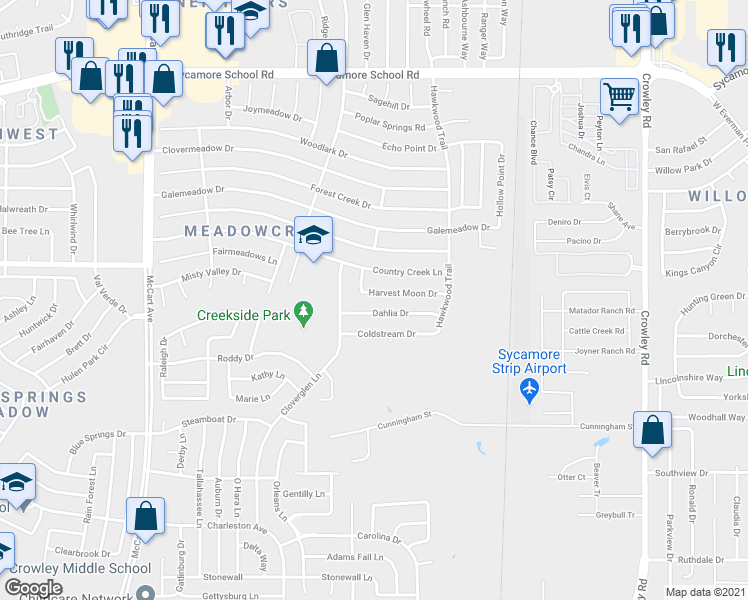 map of restaurants, bars, coffee shops, grocery stores, and more near 2624 Dahlia Drive in Fort Worth