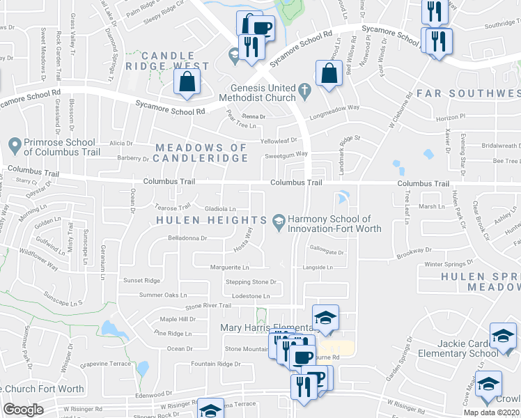 map of restaurants, bars, coffee shops, grocery stores, and more near 7928 Adobe Drive in Fort Worth